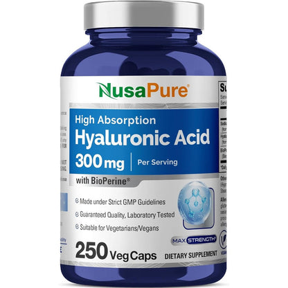 NusaPure Hyaluronic Acid 300mg 250 Veggie Capsules Front View