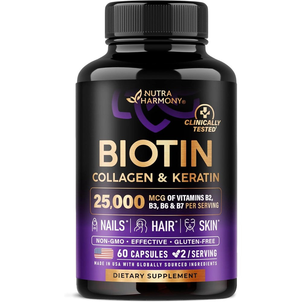 Nutraharmony Biotin Collagen Keratin Capsules front view bottle