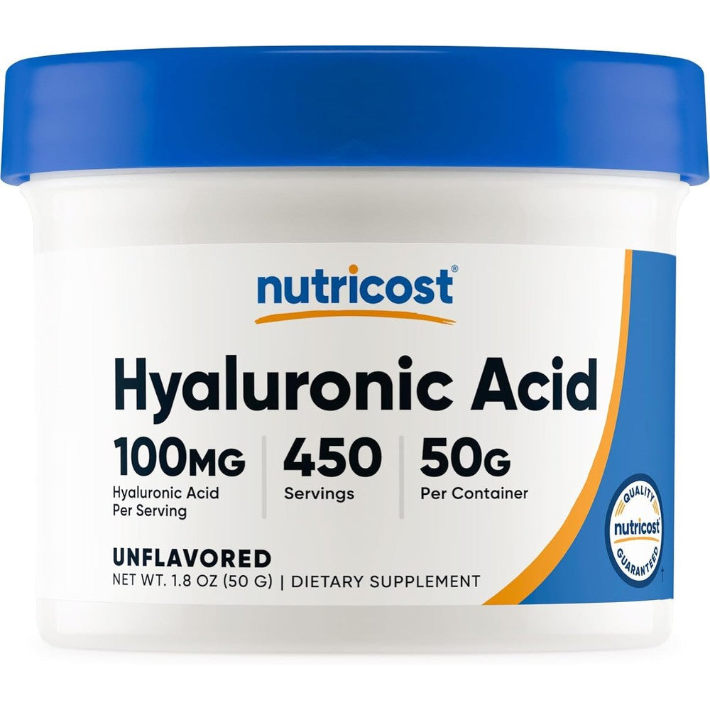 Nutricost Hyaluronic Acid Powder fifty grams container front view for skin health