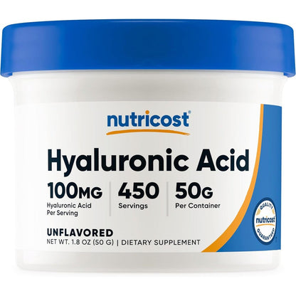Nutricost Hyaluronic Acid Powder fifty grams container front view for skin health