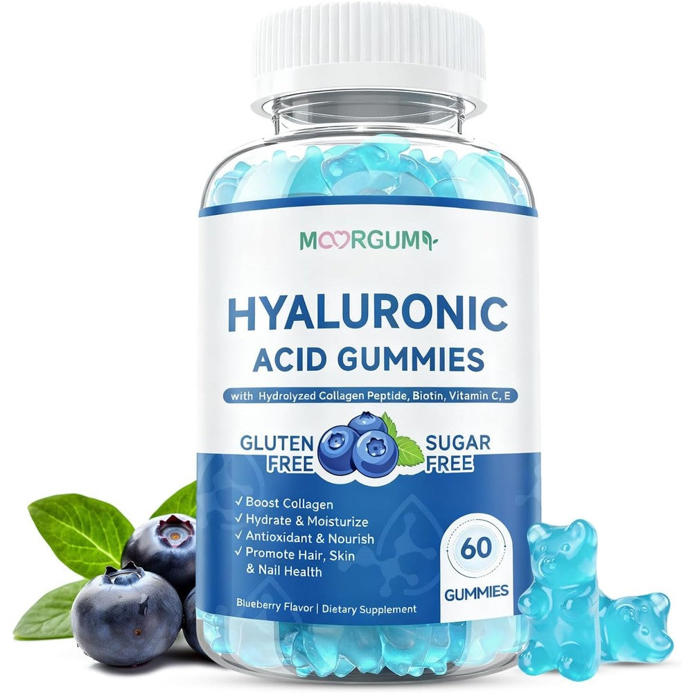 Moorgumy Hyaluronic Acid Collagen Biotin 60 gummies bottle front view showing authentic USA beauty supplement packaging.