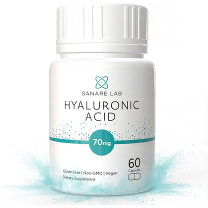Sanare Lab Hyaluronic Acid 70mg 60 vegan capsules front bottle view for joint mobility supplement.