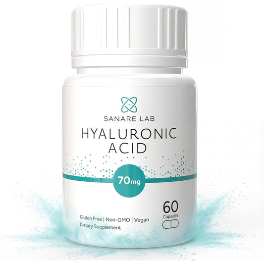 Sanare Lab Hyaluronic Acid 70mg 60 vegan capsules front bottle view for joint mobility supplement.