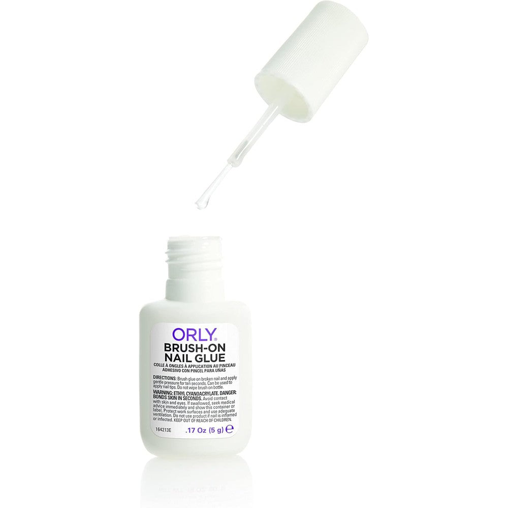 Orly Brush On Nail Glue front view bottle with precision applicator brush for professional manicure repairs.