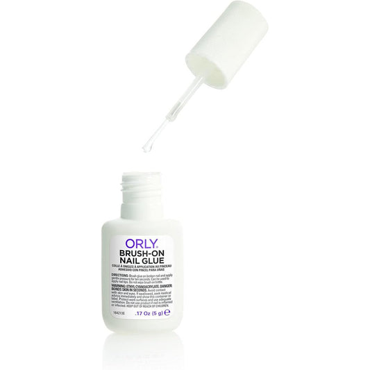 Orly Brush On Nail Glue front view bottle with precision applicator brush for professional manicure repairs.