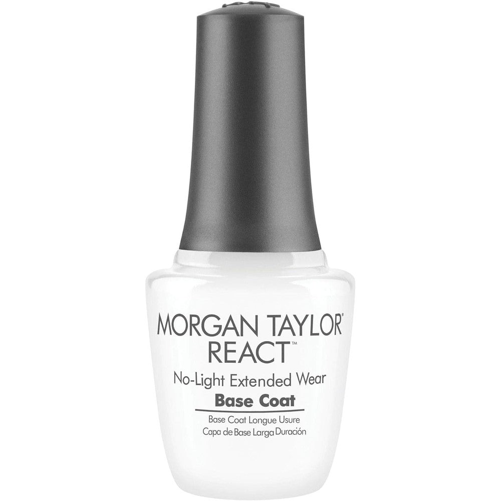 Morgan Taylor REACT Extended Wear Base Coat 0.5 Ounce bottle front view showing professional nail lacquer branding.