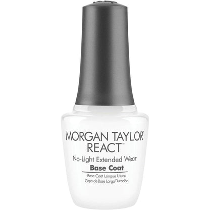 Morgan Taylor REACT Extended Wear Base Coat 0.5 Ounce bottle front view showing professional nail lacquer branding.