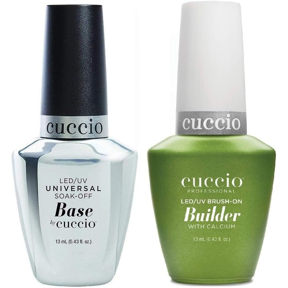 Cuccio professional gel nail duo set containing universal base and calcium builder gel bottles front view