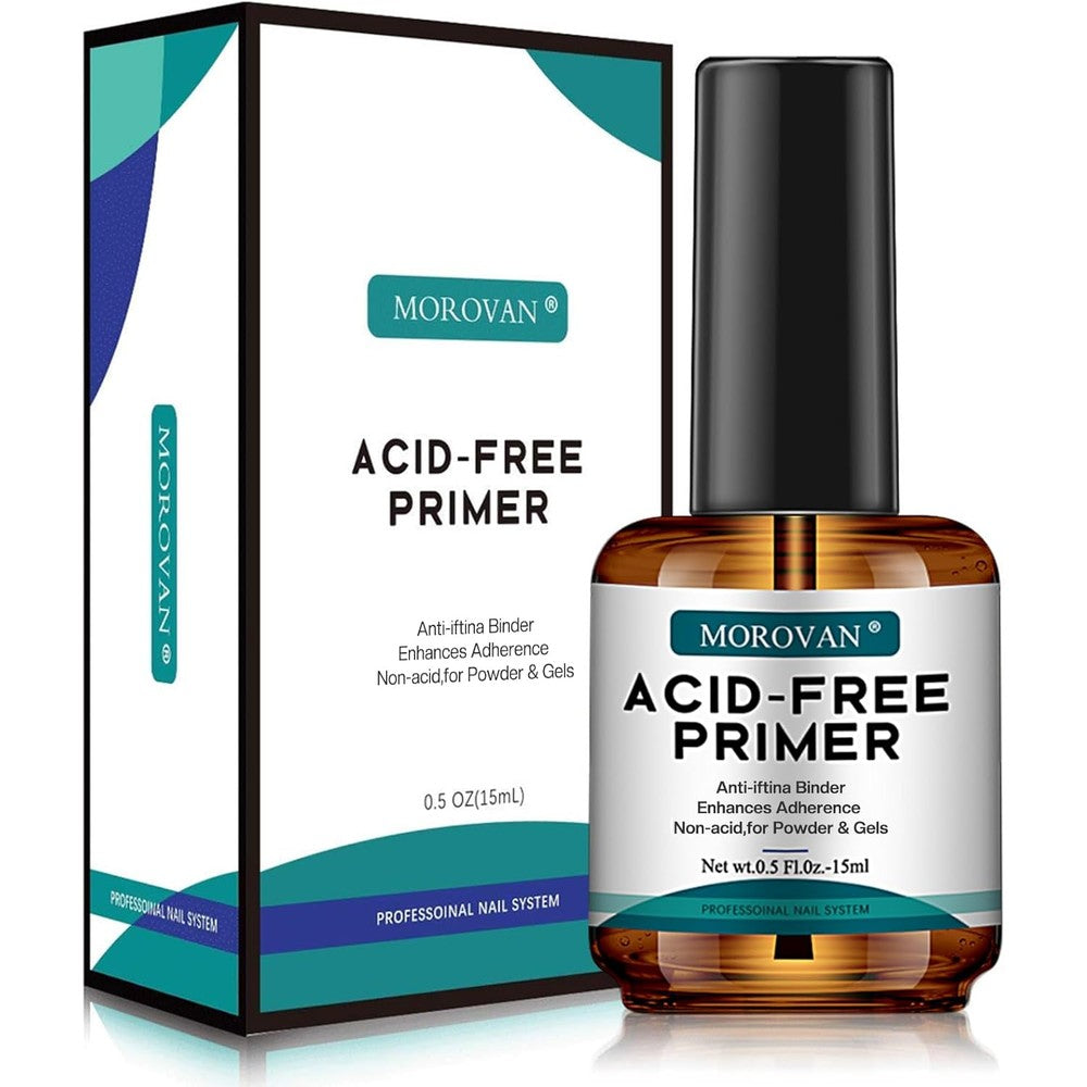 Morovan Acid Free Nail Primer front view bottle showing 0.5 ounce size for professional manicures.