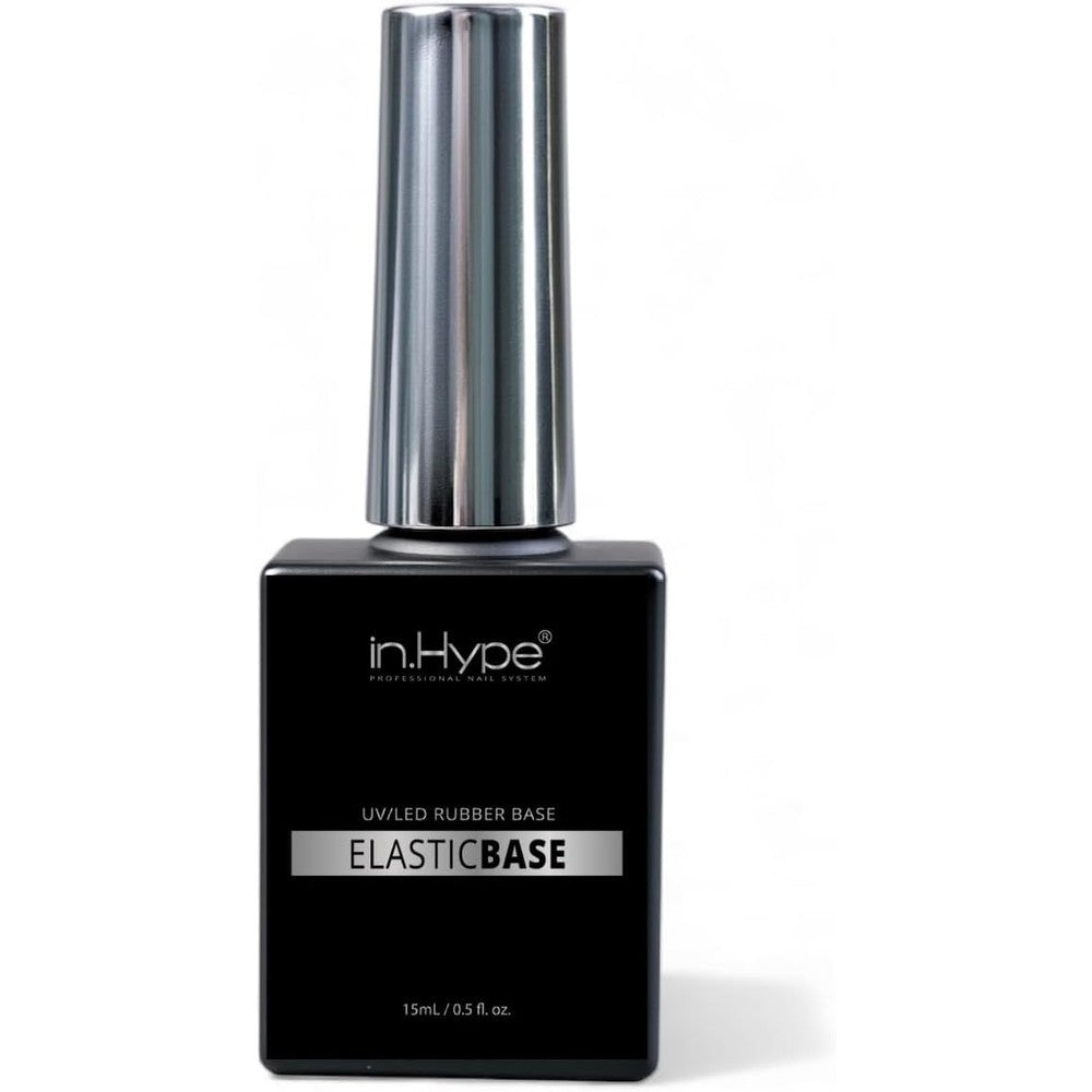 IN.HYPE rubber base coat bottle front view showcasing clear elastic gel foundation.