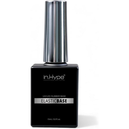 IN.HYPE rubber base coat bottle front view showcasing clear elastic gel foundation.