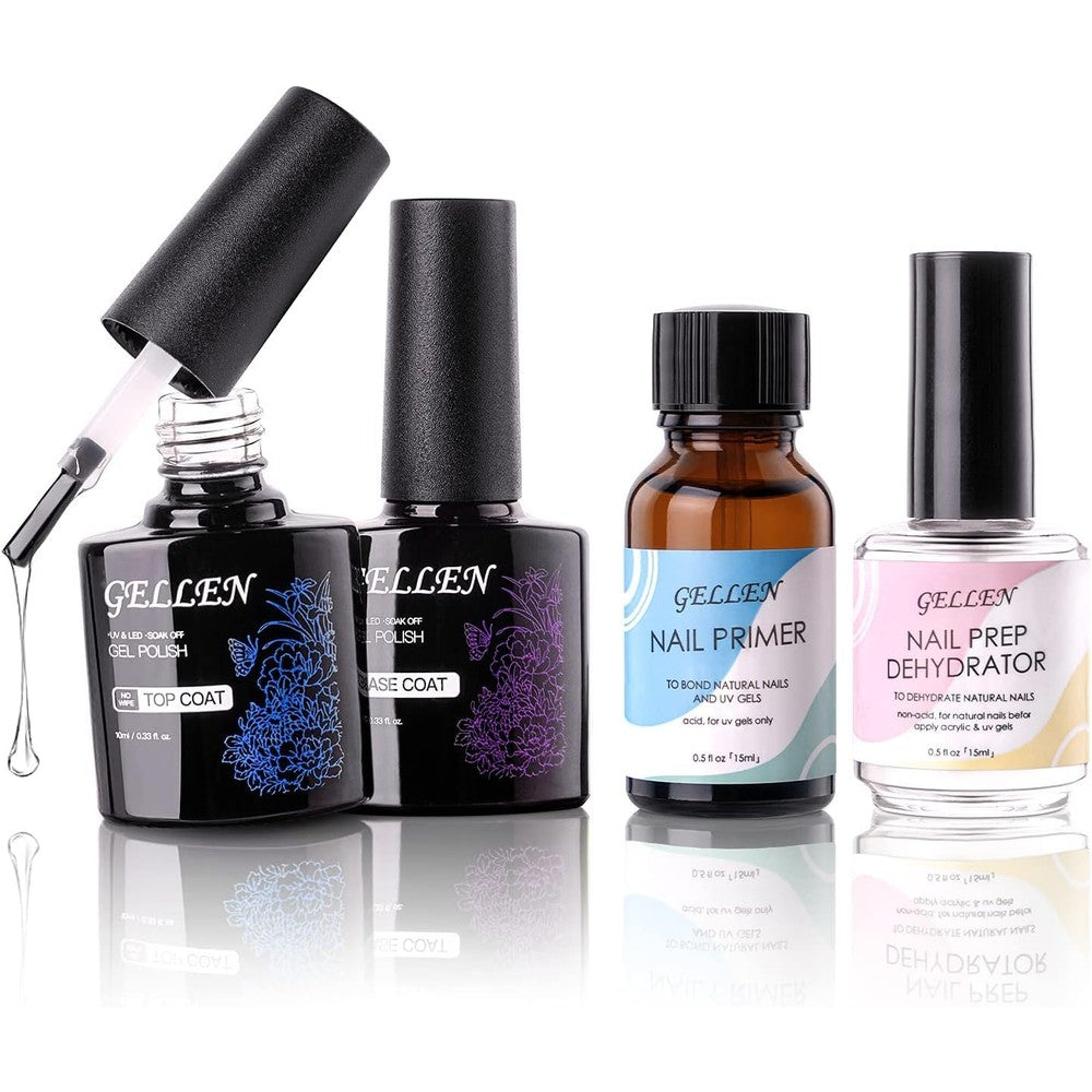 Gellen nail prep dehydrator primer kit front view showing four professional clear bottles