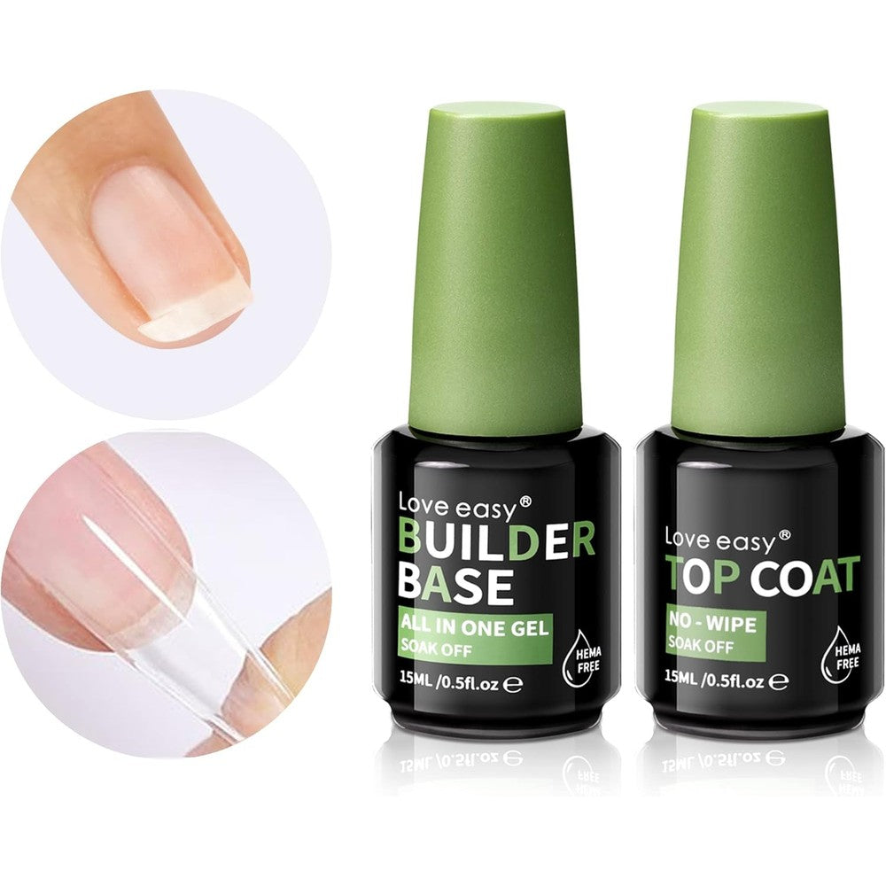 Love Easy Hema Free Builder Gel set front view showing the builder base and top coat bottles for professional manicures