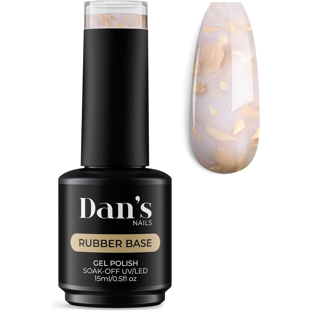 Dans Nails Milky White with Gold Glitter Flakes Rubber Base Gel bottle front view for professional Russian manicure.