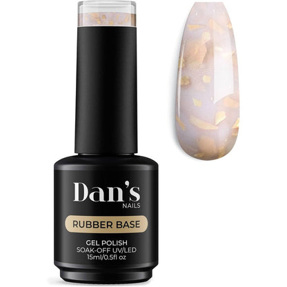 Dans Nails Milky White with Gold Glitter Flakes Rubber Base Gel bottle front view for professional Russian manicure.