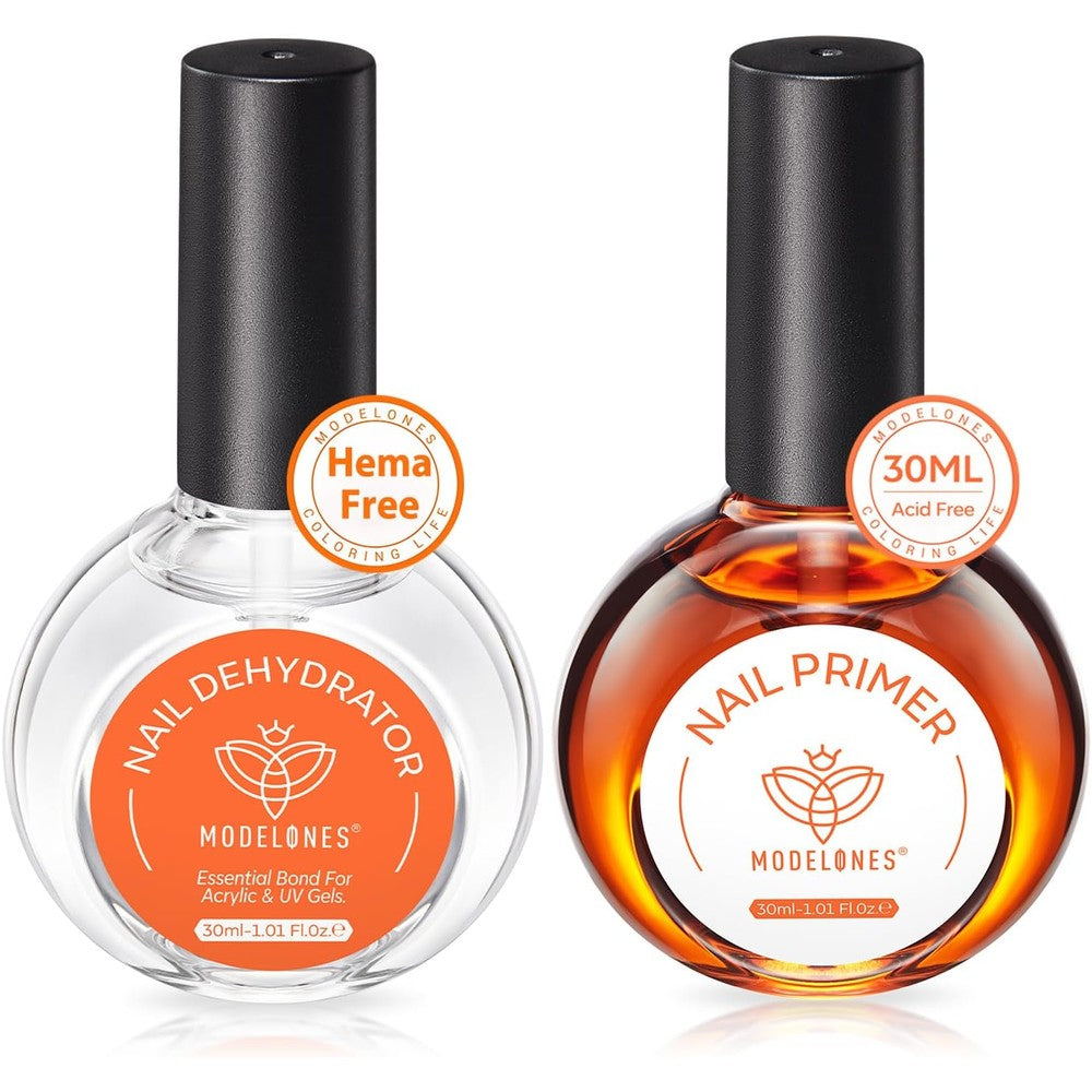 Modelones nail dehydrator and primer thirty millilitre bottles front view packaging