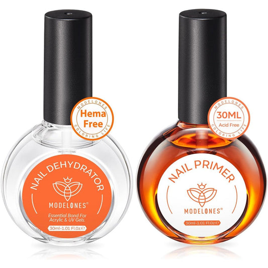 Modelones nail dehydrator and primer thirty millilitre bottles front view packaging