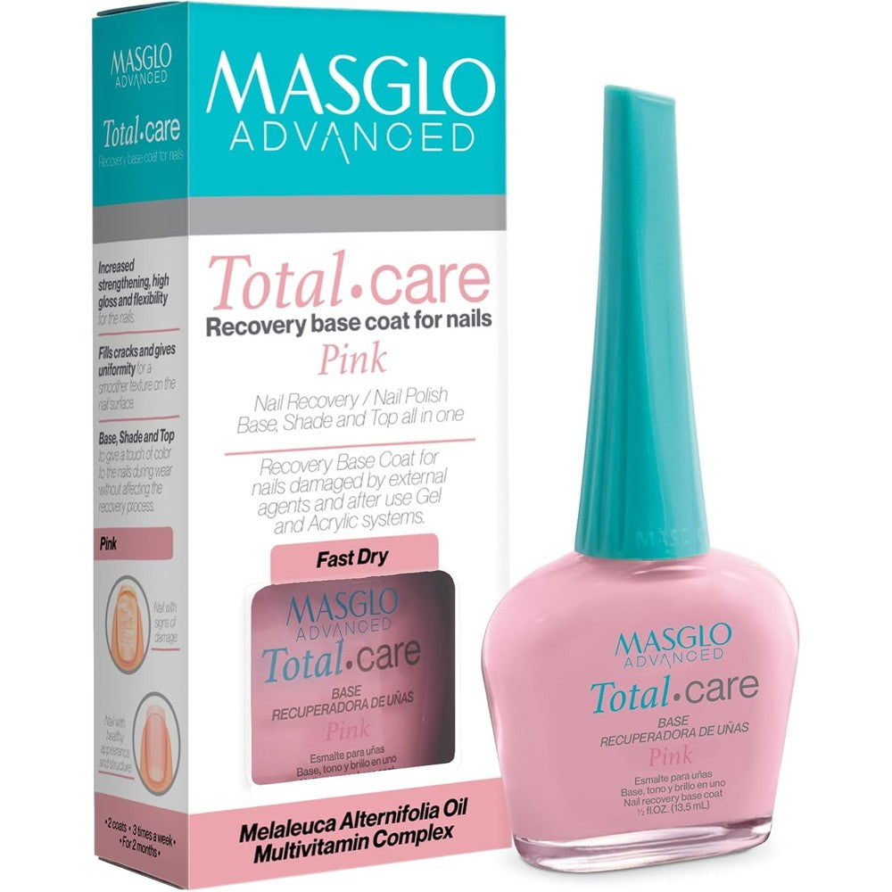 MASGLO Advanced Nail Recovery Base front view bottle showing the pink tinted strengthening formula.