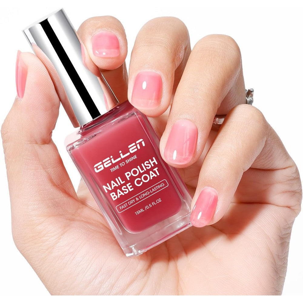 Gellen 4 in 1 clear nail polish base coat sheer tinted red front view bottle showcasing the smooth calcium formula