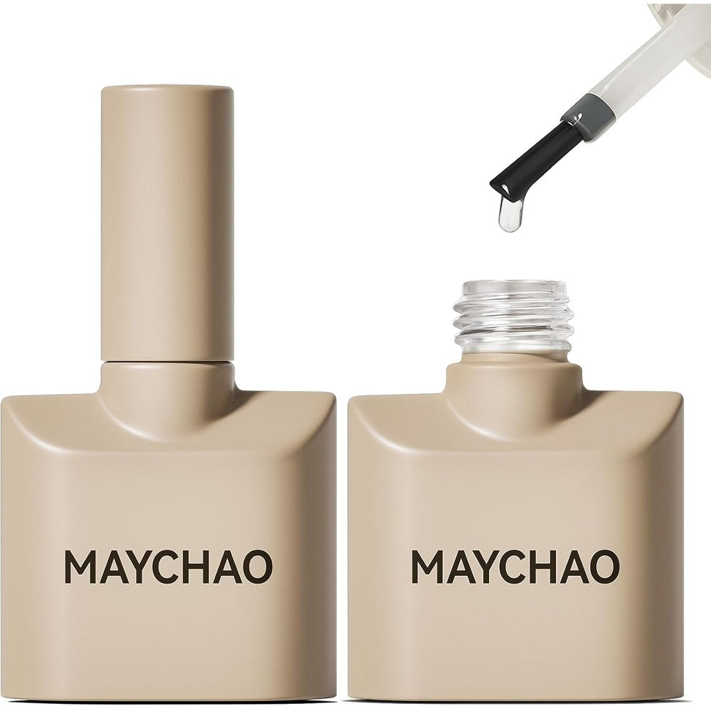 MAYCHAO Glassy Gel Top Coat and Base Coat Set front view showing two 15ml professional black bottles
