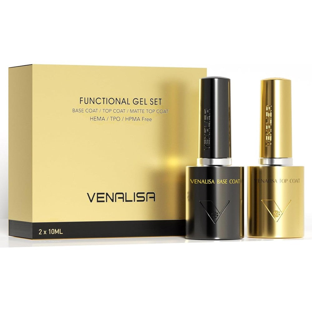 Venalisa functional gel base and top coat two piece bottles front view for home manicures