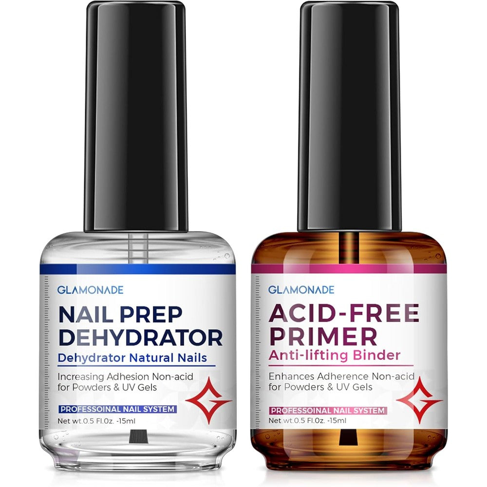 SEVEN STROKES professional nail prep dehydrator and acid free primer bottles front view on a clean background.