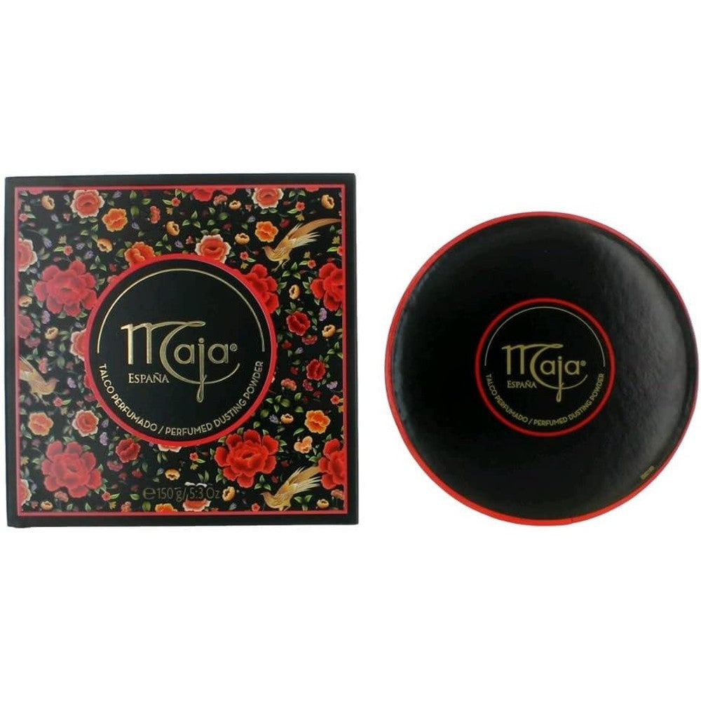 Myrurgia Maja Perfumed Dusting Powder 5.2 Ounce front view with luxury box and matching soft powder puff