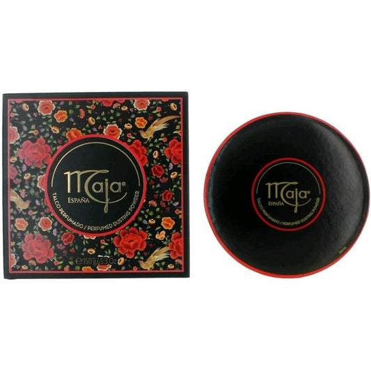 Myrurgia Maja Perfumed Dusting Powder 5.2 Ounce front view with luxury box and matching soft powder puff