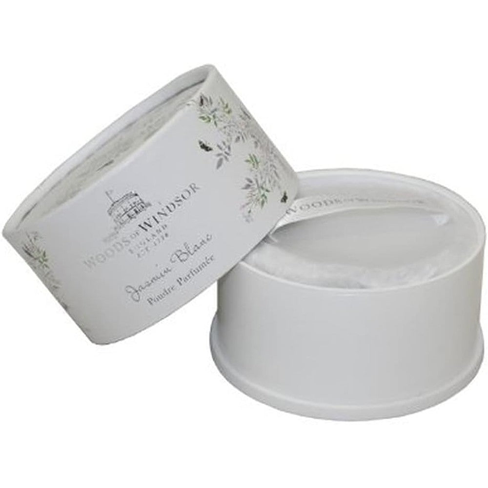 Woods of Windsor White Jasmine Body Dusting Powder front view container with applicator puff