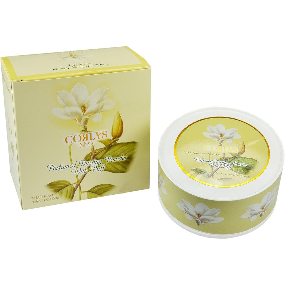 Corlys Number 2 Perfumed Dusting Powder front view box with magnolia artwork and plush applicator puff