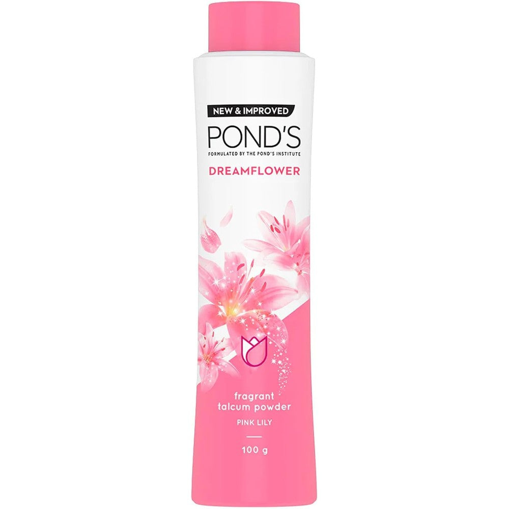 POND'S Dreamflower Fragrant Talcum Powder 100gm front view showing pink bottle packaging.
