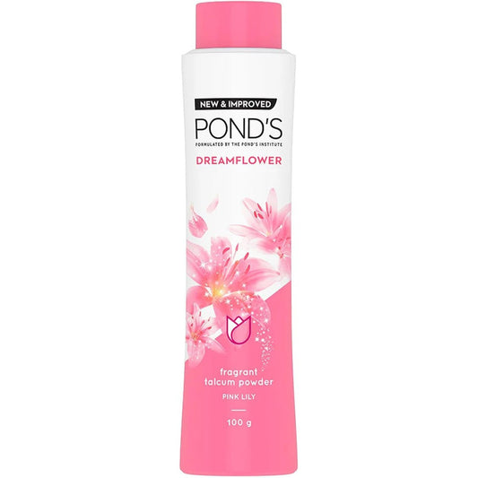 POND'S Dreamflower Fragrant Talcum Powder 100gm front view showing pink bottle packaging.