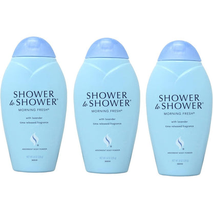 Shower To Shower Morning Fresh body powder front view three pack for sweat control