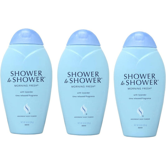 Shower To Shower Morning Fresh body powder front view three pack for sweat control