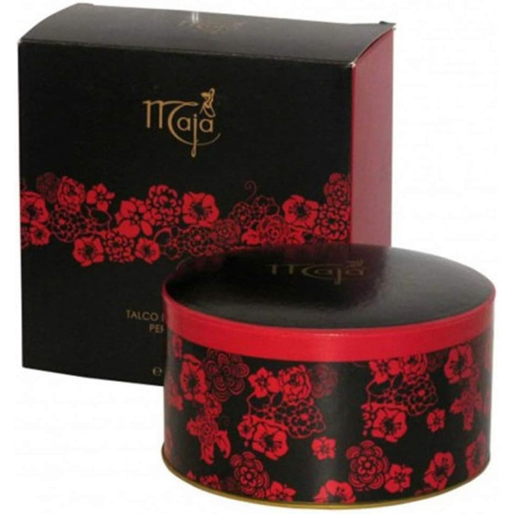 Myrurgia Maja Perfumed Dusting Powder front view of classic red and black floral tin container
