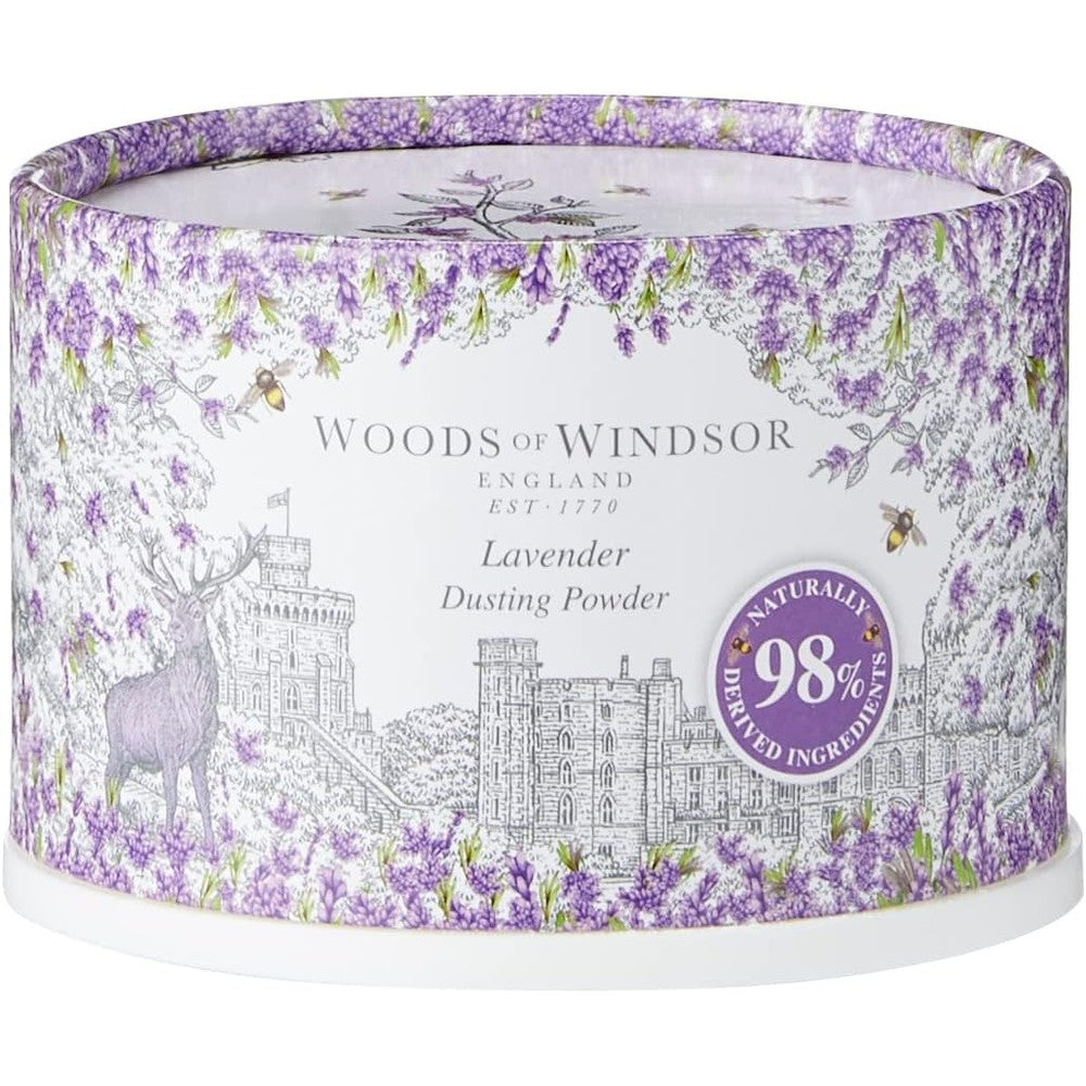 Woods Of Windsor Lavender Body Dusting Powder front packaging with vintage castle design