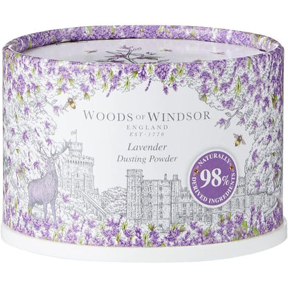 Woods Of Windsor Lavender Body Dusting Powder front packaging with vintage castle design