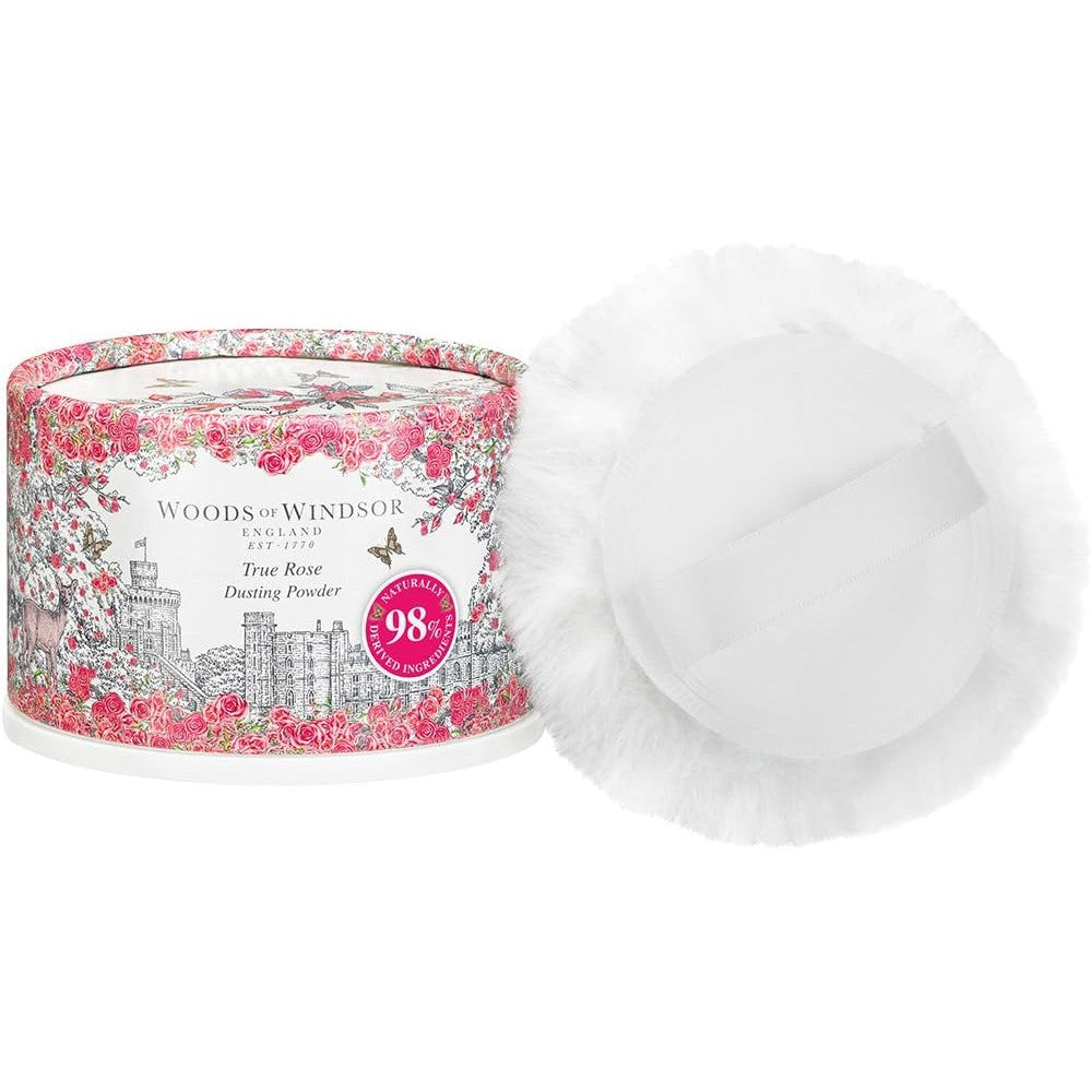 Woods of Windsor True Rose Dusting Powder front view container with luxury floral design