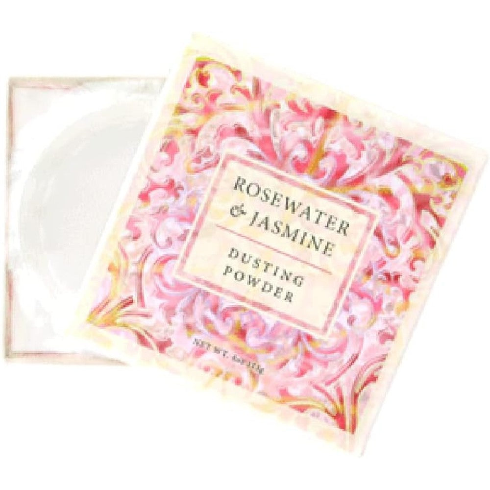 Greenwich Bay Trading Company Dusting Powder Rosewater and Jasmine front view packaging with luxury puff