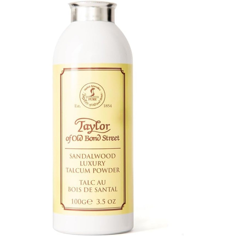 Taylor of Old Bond Street Sandalwood Talcum Powder front view premium shaker bottle
