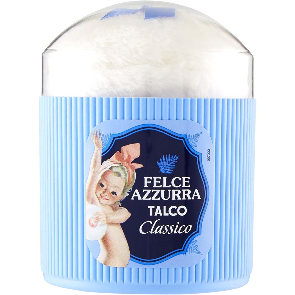 Felce Azzurra classic talcum powder 250 grams container front view showing the iconic Italian branding.