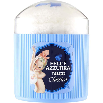 Felce Azzurra classic talcum powder 250 grams container front view showing the iconic Italian branding.