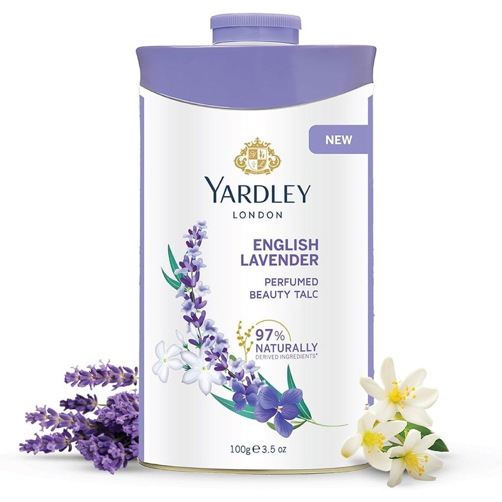 Yardley London English Lavender Perfumed Deodorizing Talc 100gm front view bottle