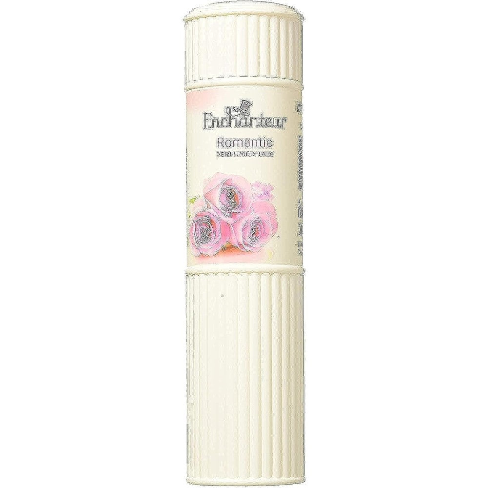 Enchanteur Romantic Perfumed Talc 200 grams container front view displaying pink floral graphics.