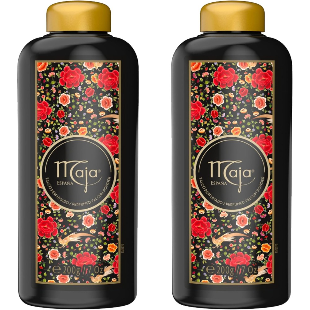 Maja Perfumed Talcum Powder two pack front view featuring iconic black bottle and red rose design