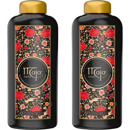 Maja Perfumed Talcum Powder two pack front view featuring iconic black bottle and red rose design