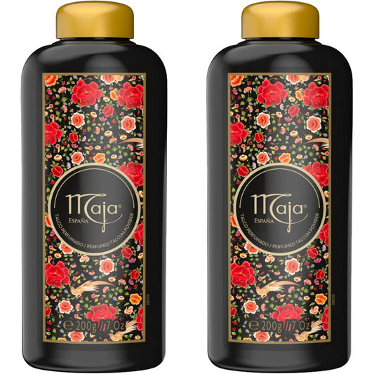Maja Perfumed Talcum Powder two pack front view featuring iconic black bottle and red rose design