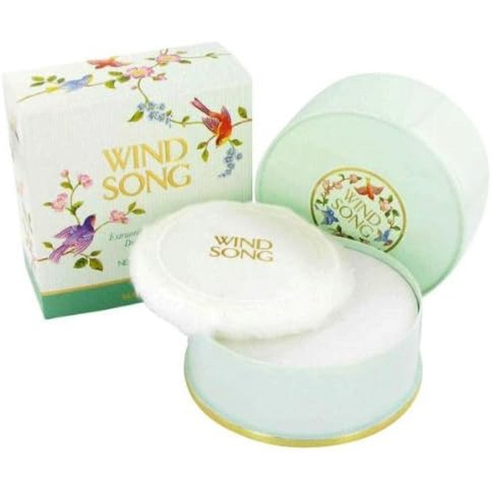 Prince Matchabelli Wind Song Perfumed Dusting Powder four ounce container with applicator puff front view