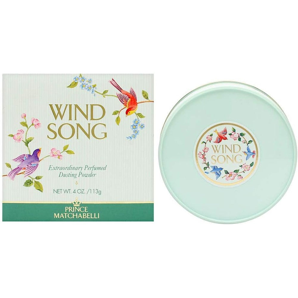 Prince Matchabelli Wind Song Perfumed Dusting Powder four ounce white container front view authentic imported body powder for women