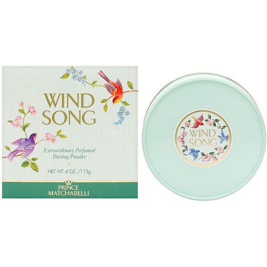 Prince Matchabelli Wind Song Perfumed Dusting Powder four ounce white container front view authentic imported body powder for women